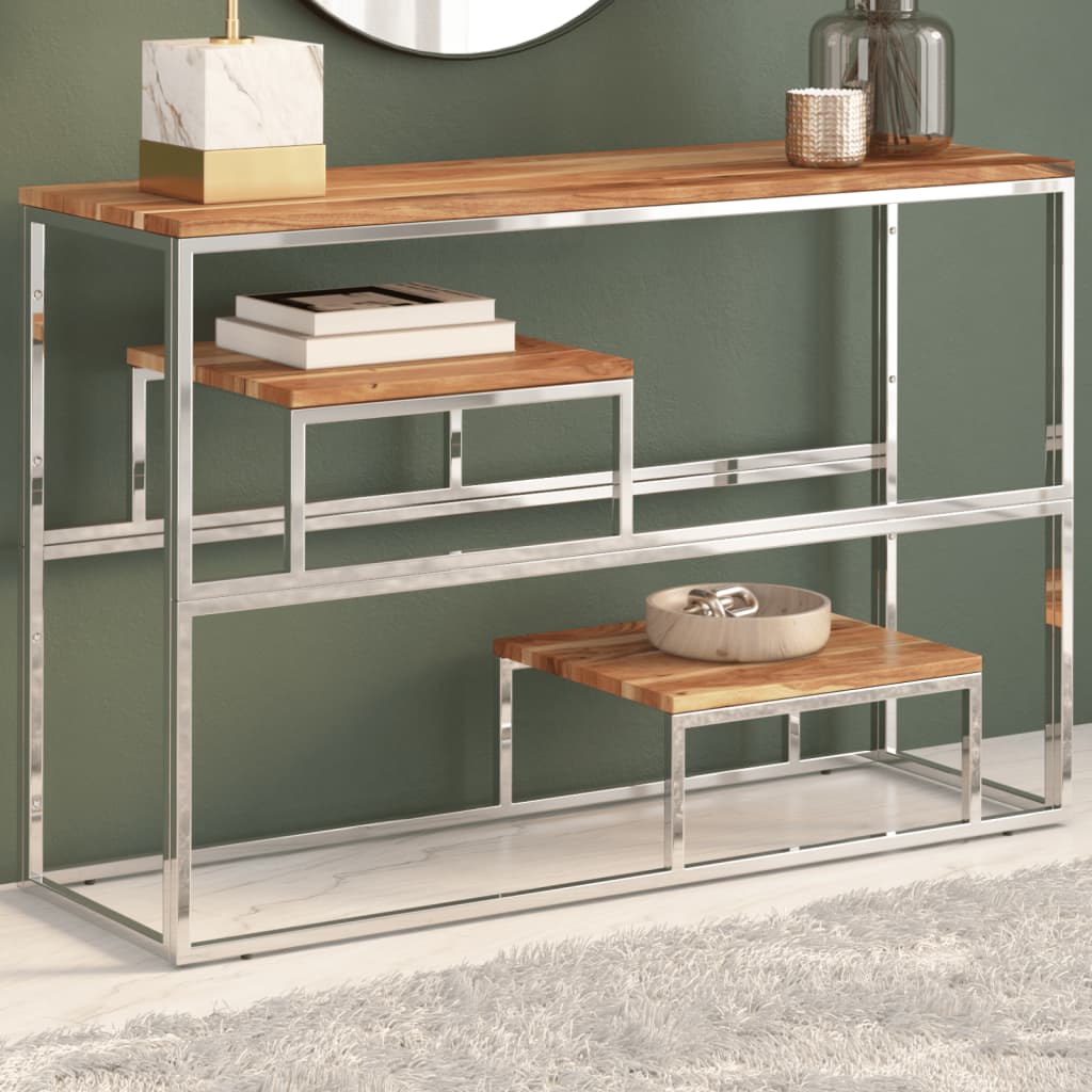 Console Table Silver Stainless Steel and Solid Acacia Wood